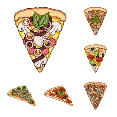 Set koleksiyonu tasarım için farklı pizza karikatür simgeler. Pizza yemek vektör simge stok web çizim.