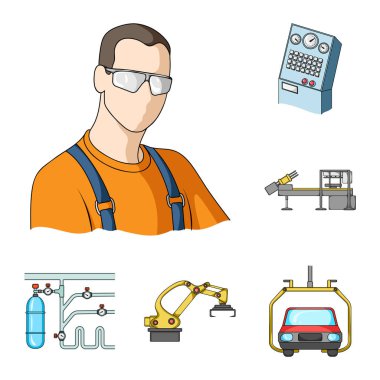 Ekipman ve makine karikatür simgeleri set koleksiyonu tasarım için. Fabrika vektör simge stok web çizim teknik ilerleme.