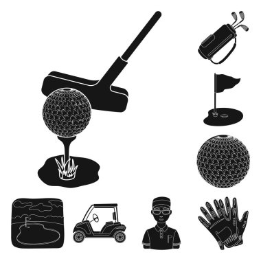 Set koleksiyonu tasarım için simgeler siyah Golf ve öznitelikleri. Golf Kulübü ve ekipman sembol stok web illüstrasyon vektör.