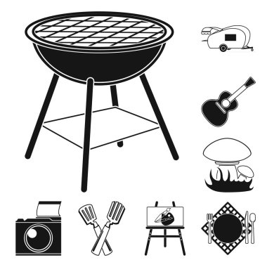 Piknik ve ekipman set koleksiyonu tasarım için simgeler siyah. Piknik doğa vektör simge stok web resimde.