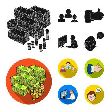 Video konferans, iş düşünceler, okay.Bizneskonferentsiya ve müzakerelerin bir rozet toplama simgeler siyah, düz stil vektör simge stok çizim web ayarla.