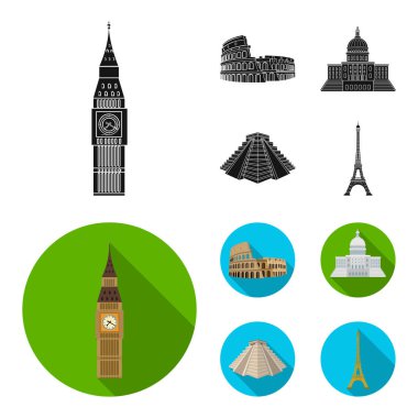 Set koleksiyonu tasarım için farklı ülkeden siyah, düz simgeler görülecek. Ünlü bina sembol stok web illüstrasyon vektör.