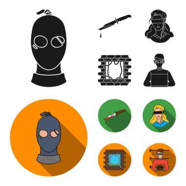 Bir hırsız bir maske, kanlı bir bıçak, bir rehine, hapishaneden kaçış. Suç toplama simgeler siyah, düz stil vektör simge stok çizim web içinde ayarla..