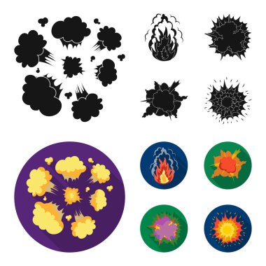 Alevi, kıvılcım, hidrojen parçaları, atomik ya da gaz patlaması, fırtına, güneş patlaması. Patlamalar toplama simgeler siyah, düz stil vektör simge stok çizim web içinde ayarla..