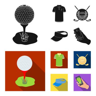 Golf club, güneşlik, golfçü gömlek, telefon bir navigator ile kap arması. Golf club toplama simgeler siyah, düz stil vektör simge stok çizim web içinde ayarla..