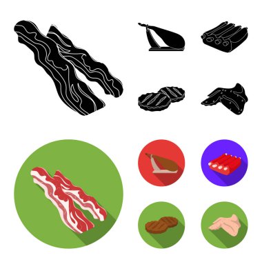 Pastırma, jamon, domuz pirzolası, kızarmış pirzola. Et toplama simgeler siyah, düz stil vektör simge stok çizim web içinde ayarla..