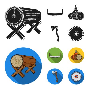 Oturum açma destekler, iki el gördüm, ax, günlükleri yükselterek. Kereste ve ahşap toplama simgeler siyah, düz stil vektör simge stok çizim web ayarla.