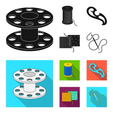 Bir makara ile konu, bir iğne, bir curl, kumaş dikiş. Dikiş veya araçları terzilik toplama simgeler siyah, düz stil vektör simge stok çizim web ayarla.