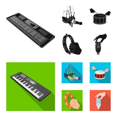Synthesizer melodiler, gayda skoç ve diğer web simge siyah, düz tarzı. davul, davul, tef el Icons set koleksiyonu.