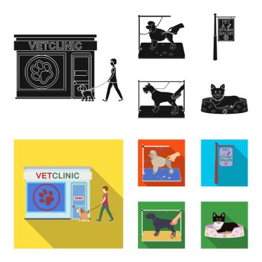 Bir Veteriner Kliniği, şık bir salon a evde beslenen hayvan köpek bir saç kesimi için bir tabela ziyaret. Veteriner Kliniği ve evde beslenen hayvan, köpek bakım toplama simgeler siyah, düz stil vektör simge stok çizim web içinde ayarlayın..