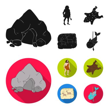 Antik, dünya, taş devri. Taş devri toplama simgeler siyah, düz stil vektör simge stok çizim web içinde ayarla..