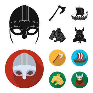 Viking kask, savaş baltası, çaylak kalkanlar, ejderha, hazine ile kürek üzerinde. Vikingler toplama simgeler siyah, düz stil vektör simge stok çizim web içinde ayarla..