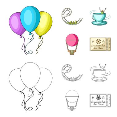 Roller coaster binmek, balon sepet, caruelle Kupası, parkın girişinde bir bilet ile. Eğlence Parkı toplama simgeler çizgi film, anahat stili vektör simge stok çizim web ayarla..