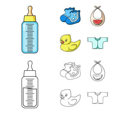 Çorap, önlük, Oyuncak ördek, raspashonka. Bebek set simgeler çizgi film, anahat stili vektör simge stok çizim web tarihi..