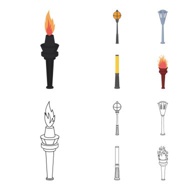 Retro tarzı, modern fener, meşale ve diğer tip-in sokak sokak lâmbası direği. Elektrik direği toplama simgeler çizgi film, anahat stili vektör simge stok çizim web ayarla..