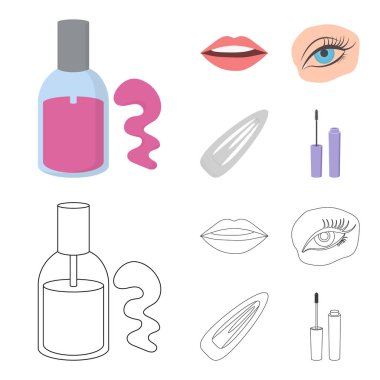Tırnak Lehçe, renkli kirpikler, dudaklarla ruj, saç tokası. Makyaj çizgi film, anahat stili vektör simge stok çizim web simgeler ayarla.