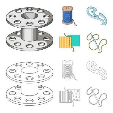 Bir makara ile konu, bir iğne, bir curl, kumaş dikiş. Dikiş veya araçları terzilik çizgi film, anahat stili vektör simge stok çizim web simgeler ayarla.