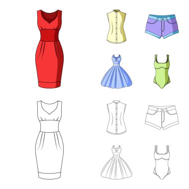 Kadın karikatür, giyim set koleksiyonu tasarım için simgeleri anahat. Sembol stok web illüstrasyon vektör giyim çeşitleri ve aksesuarlar.