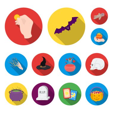 Siyah ve beyaz set koleksiyonu tasarım için sihirli düz simgeler. Sembol stok web illüstrasyon vektör öznitelikleri ve büyücü aksesuarları.