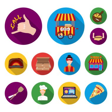 Pizza ve pizza düz simgeler set koleksiyonu tasarım için. Personel ve ekipman sembol stok web illüstrasyon vektör.