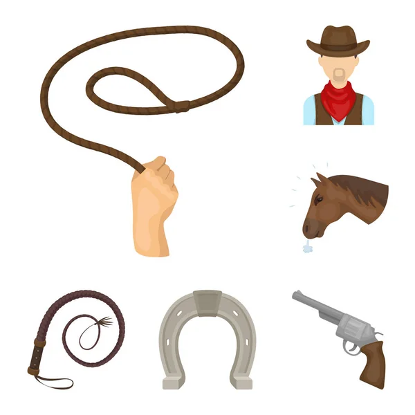 Rodeo, konkurrens tecknad ikoner i set samling för design. Cowboy och utrustning vektor symbol lager web illustration. — Stock vektor