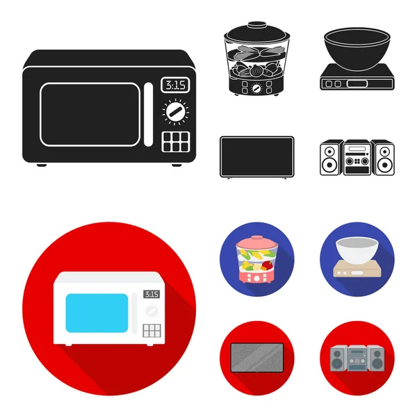 Vapor, horno microondas, básculas, lcd tv.Household conjunto colección iconos en negro, plano estilo vector símbolo stock ilustración web . — Vector de stock