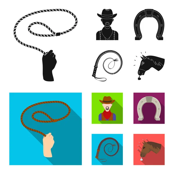 Lasso main, cow-boy, fer à cheval, fouet. Ensemble de rodéo icônes de collection en noir, style plat symbole vectoriel illustration web . — Image vectorielle