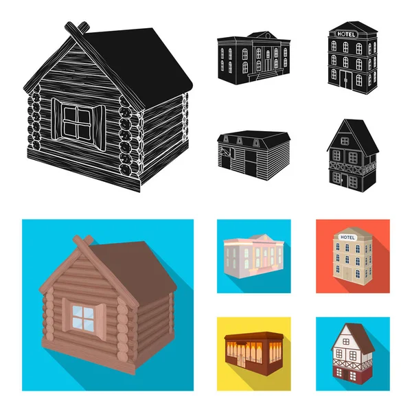 Budynek, trzy piętrowy hotel, stabilny tor wyścigowy, domek mieszkalny Muzeum. Architektoniczne i budowlane kolekcja zestaw ikon w czarne, płaskie styl wektor symbol czas ilustracja web. — Wektor stockowy