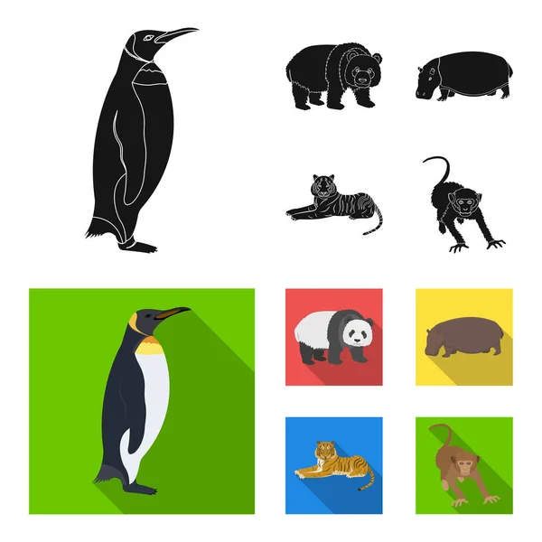 Bambusbär, Nilpferd, wilder Tiger, Affe. wilde Tier Set Sammlung Symbole in schwarz, flachen Stil Vektor Symbol Stock Illustration Web. — Stockvektor