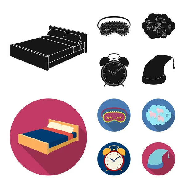 A bed, a blindfold, counting rams, an alarm clock. Rest and sleep set collection icons in black, flat style vector symbol stock illustration web. — Stock Vector