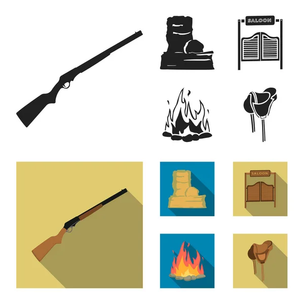 Winchester, saloon, rock, fire.Wild west set collection icons in black, flat style vector symbol stock illustration web. — Stock Vector
