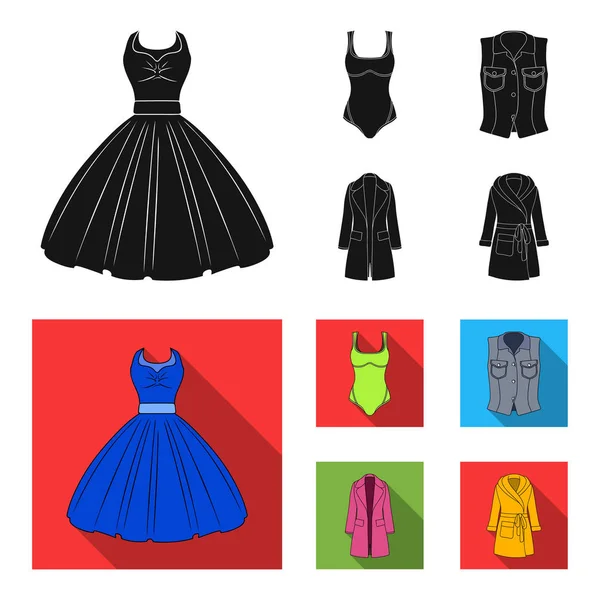 Γυναικεία ρούχα μαύρο, επίπεδη εικονίδια στη συλλογή σετ για σχεδιασμό. Ποικιλίες ρούχα και αξεσουάρ σύμβολο μετοχής web εικονογράφηση διάνυσμα. — Διανυσματικό Αρχείο