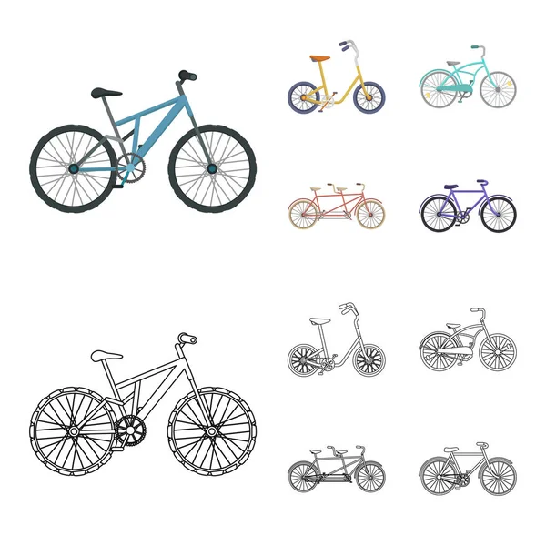 Bicicleta para niños, un tándem doble y otros tipos.Diferentes bicicletas establecen iconos de la colección en dibujos animados, contorno estilo vector símbolo stock ilustración web . — Vector de stock