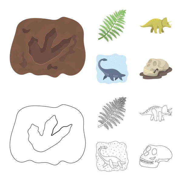 Dinosaurio marino, triceratops, planta prehistórica, cráneo humano. Dinosaurio y período prehistórico conjunto de iconos de colección en dibujos animados, contorno estilo vector símbolo stock ilustración web . — Archivo Imágenes Vectoriales