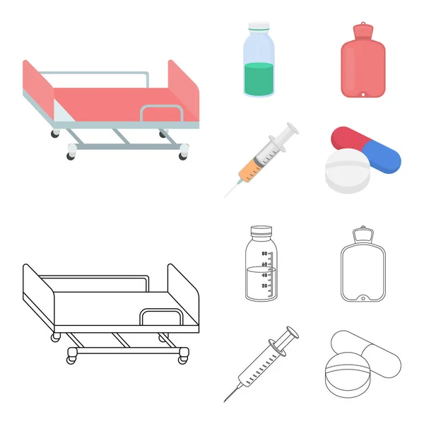 Solução, mais quente, seringa, pills.Medicine conjunto coleção ícones em desenhos animados, esboço estilo vetor símbolo estoque ilustração web . —  Vetores de Stock
