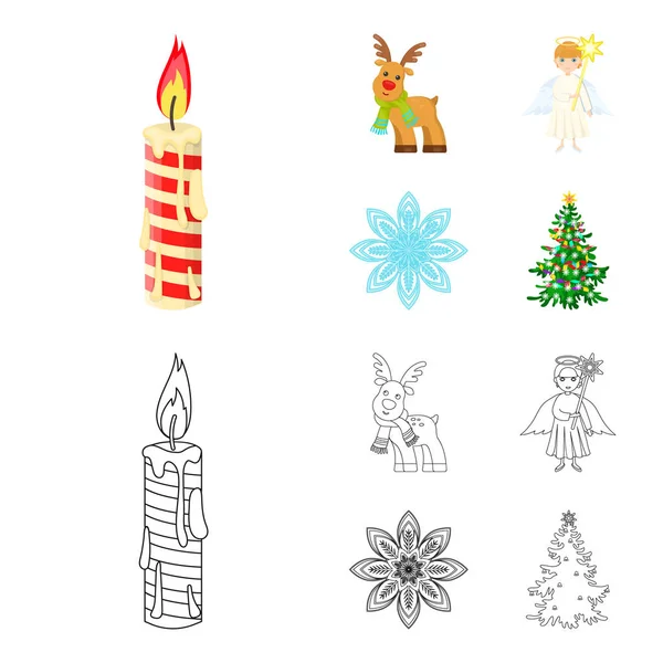 Vela de Navidad, ciervos, ángel y dibujos animados de copo de nieve, iconos de contorno en la colección de conjuntos para el diseño. Navidad vector símbolo stock web ilustración . — Vector de stock