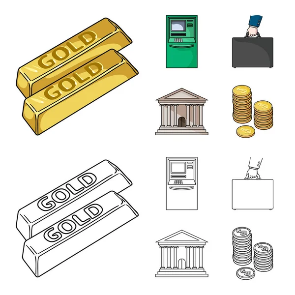 金条, Atm, 银行大楼, 一箱钱。货币和金融集合图标在卡通, 轮廓风格矢量符号股票插画网站. — 图库矢量图片