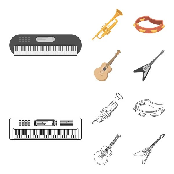 Электроорган, труба, тамбурин, струнная гитара. Музыкальные инструменты настраивают иконки коллекции в мультфильме, набросок векторных символов стиля иконок . — стоковый вектор