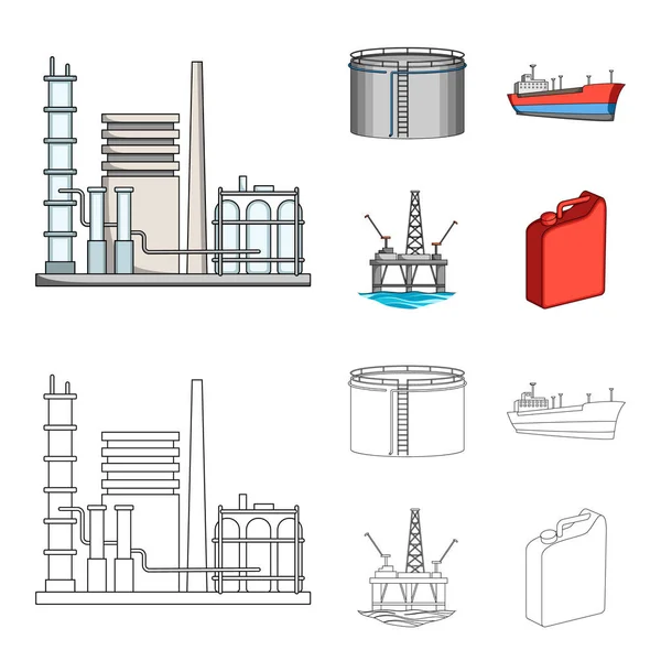Ölraffinerie, Tank, Tanker, Turm. Öl-Set Sammlung Symbole in Cartoon, umreißen Stil Vektor Symbol Stock Illustration Web. — Stockvektor