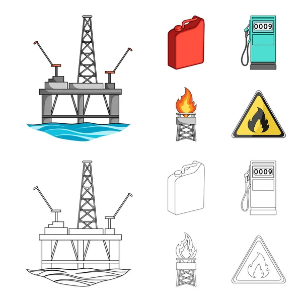 Kanister für Benzin, Tankstelle, Turm, Warnschild. Öl-Set Sammlung Symbole in Cartoon, umreißen Stil Vektor Symbol Stock Illustration Web. — Stockvektor