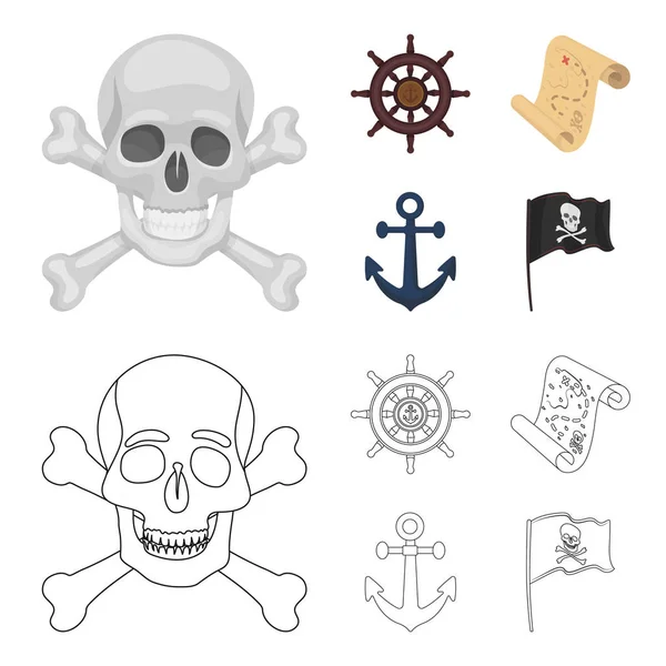 Pirata, bandido, timón, bandera .Pirates conjunto de iconos de la colección en la historieta, contorno estilo vector símbolo stock ilustración web . — Vector de stock