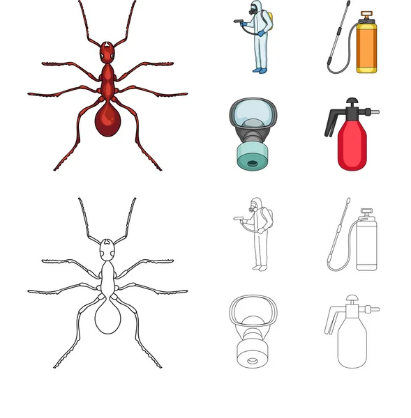 蚂蚁, 工作人员在工作服和设备卡通, 大纲图标在集合中设计。害虫控制服务矢量符号股票 web 插图. — 图库矢量图片