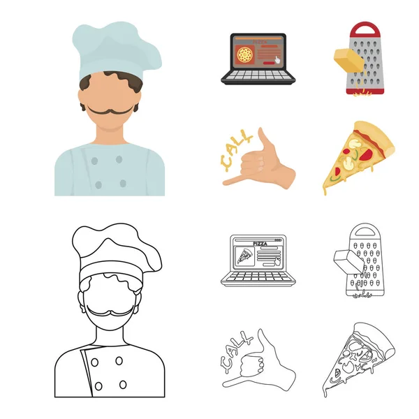 Cook, παραγγελία από το τηλέφωνο, τριμμένο τυρί, παραγγελία μια χειρονομία του προσώπου. Πίτσα και πιτσαρία που συλλογή εικονιδίων στο σκίτσο, περίγραμμα στυλ διάνυσμα σύμβολο μετοχής εικονογράφηση web. — Διανυσματικό Αρχείο
