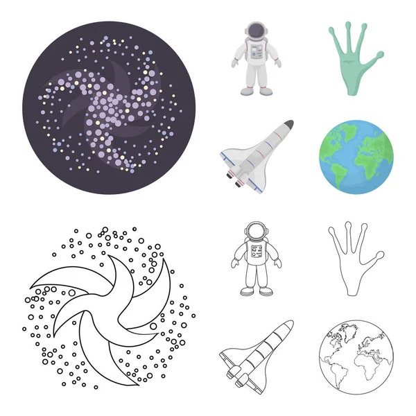 Инопланетная рука, космический челнок "Шаттл", астронавт в скафандре, черная дыра со звездами. Иконки коллекций космических наборов в мультфильме, векторные символы очертаний — стоковый вектор