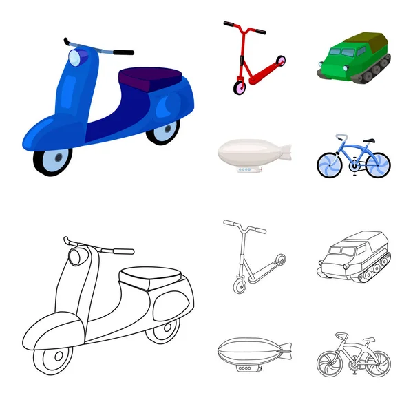 Motorrad, Motorroller, gepanzerte Mannschaftstransportwagen, Flugzeugtypen. Transport Set Sammlung Symbole in Cartoon, umreißen Stil Vektor Symbol Stock Illustration Web. — Stockvektor