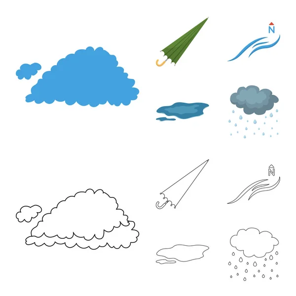 Облако, зонтик, северный ветер, лужа на земле. The weather set collection icons in cartoon, outline style vector symbol stock illustration web . — стоковый вектор