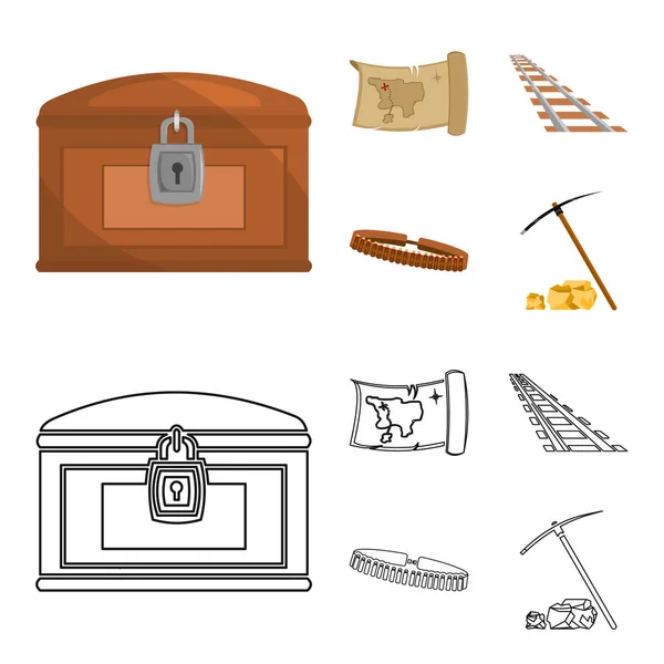 Schatzkarte, Truhe, Schienen, patrol.wild west set collection icons in cartoon, outline style vector symbol stock illustration web. — Stockvektor