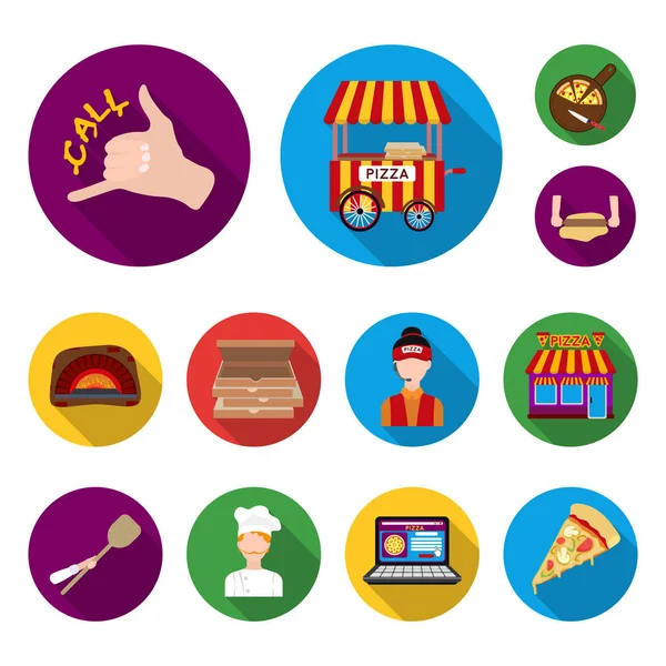 Pizza és pizzéria lapos ikonok beállítása gyűjtemény a design. Személyzet és felszerelés vektor szimbólum állomány honlap illusztráció. — Stock Vector