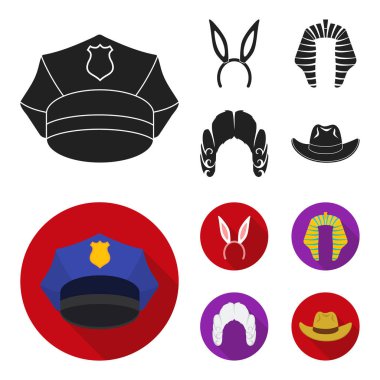 Tavşan kulağı, Yargıç peruk, kovboy. Şapka toplama simgeler siyah, düz stil vektör simge stok çizim web içinde ayarla..