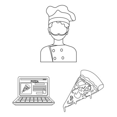 Set koleksiyonu tasarım için pizza ve pizza anahat simgeleri. Personel ve ekipman sembol stok web illüstrasyon vektör.